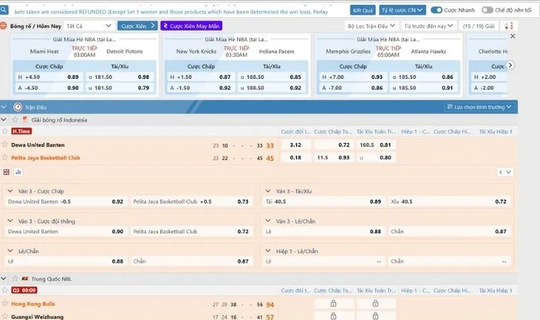 Bảng kèo cá cược bóng rổ Go88