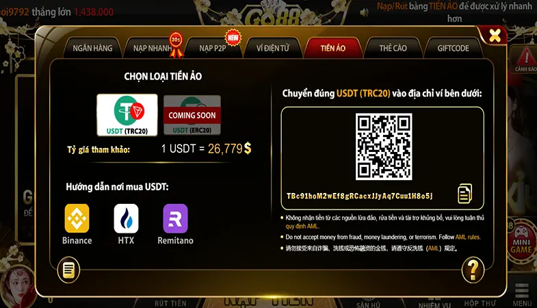 Go88 nạp tiền đa dạng: ngân hàng, ví, thẻ cào, USDT, nhanh 1-3 phút, tỷ lệ 1:1, bảo mật, tiện lợi